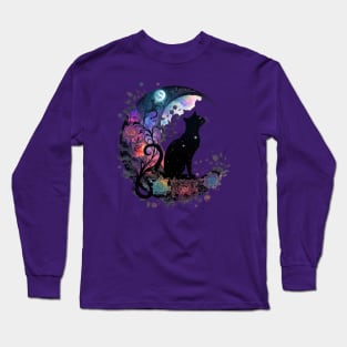 Mystical Black Cat & Moon Long Sleeve T-Shirt